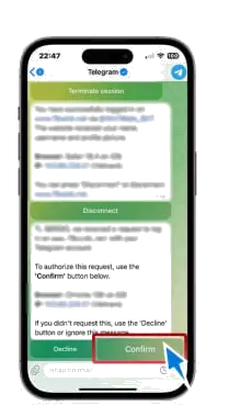 Bước 4: Sau đó vào app Telegram, chọn tin nhắn từ Telegram, chọn confirm